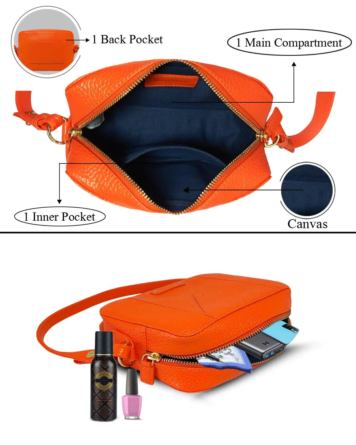 MANDAVA Women's PU Leather Crossbody Bag | Ladies Mini Shoulder Bag with Adjustable & Detachable Strap (Orange)