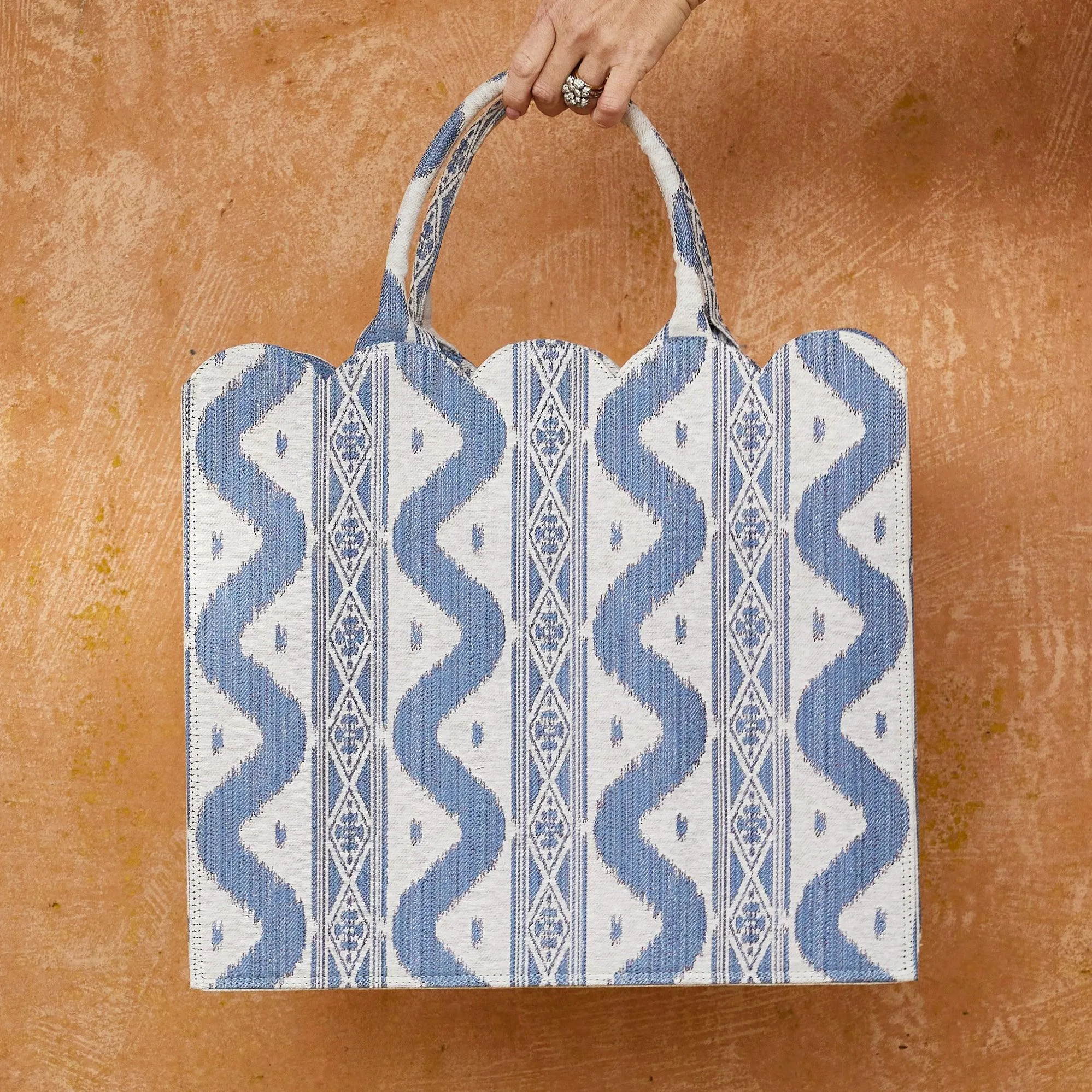 Mrs. Alice Tote Bag (Blue Ikat) With Bow