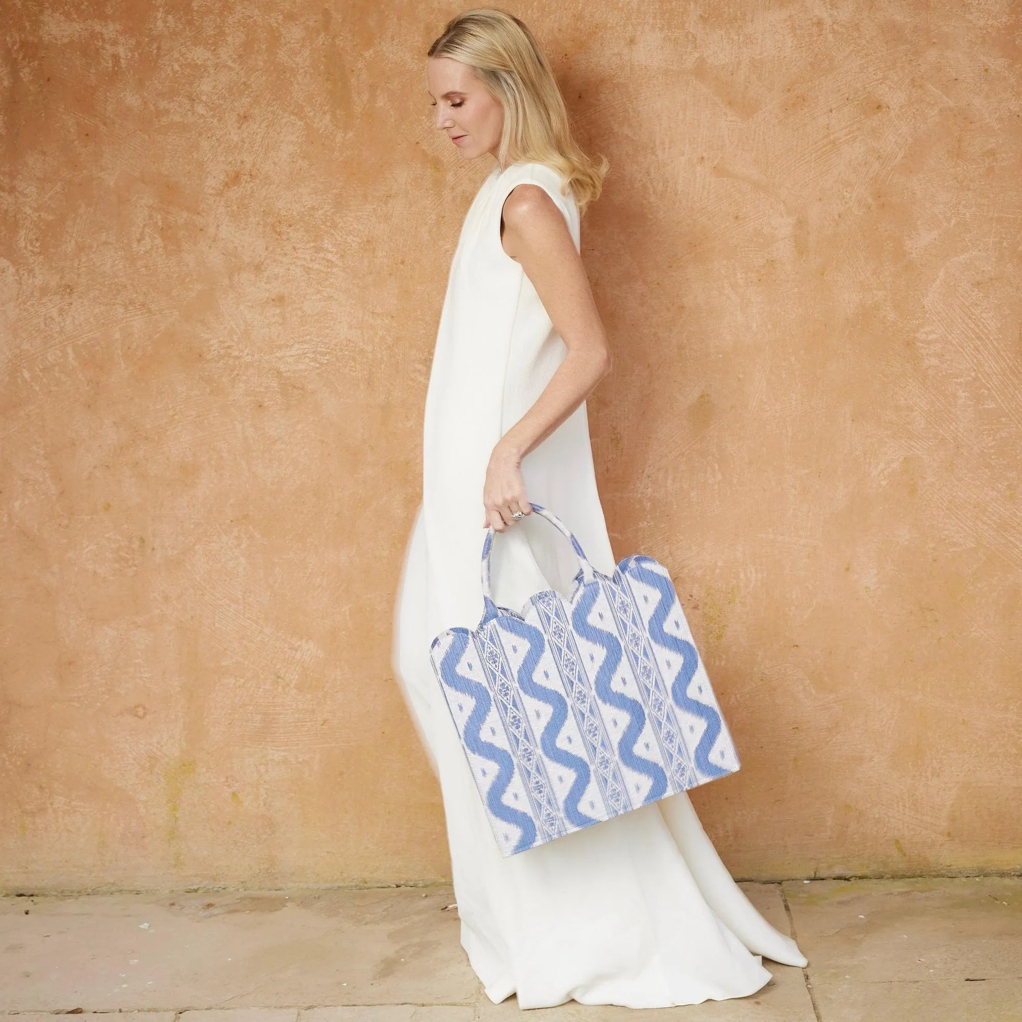 Mrs. Alice Tote Bag (Blue Ikat) With Bow