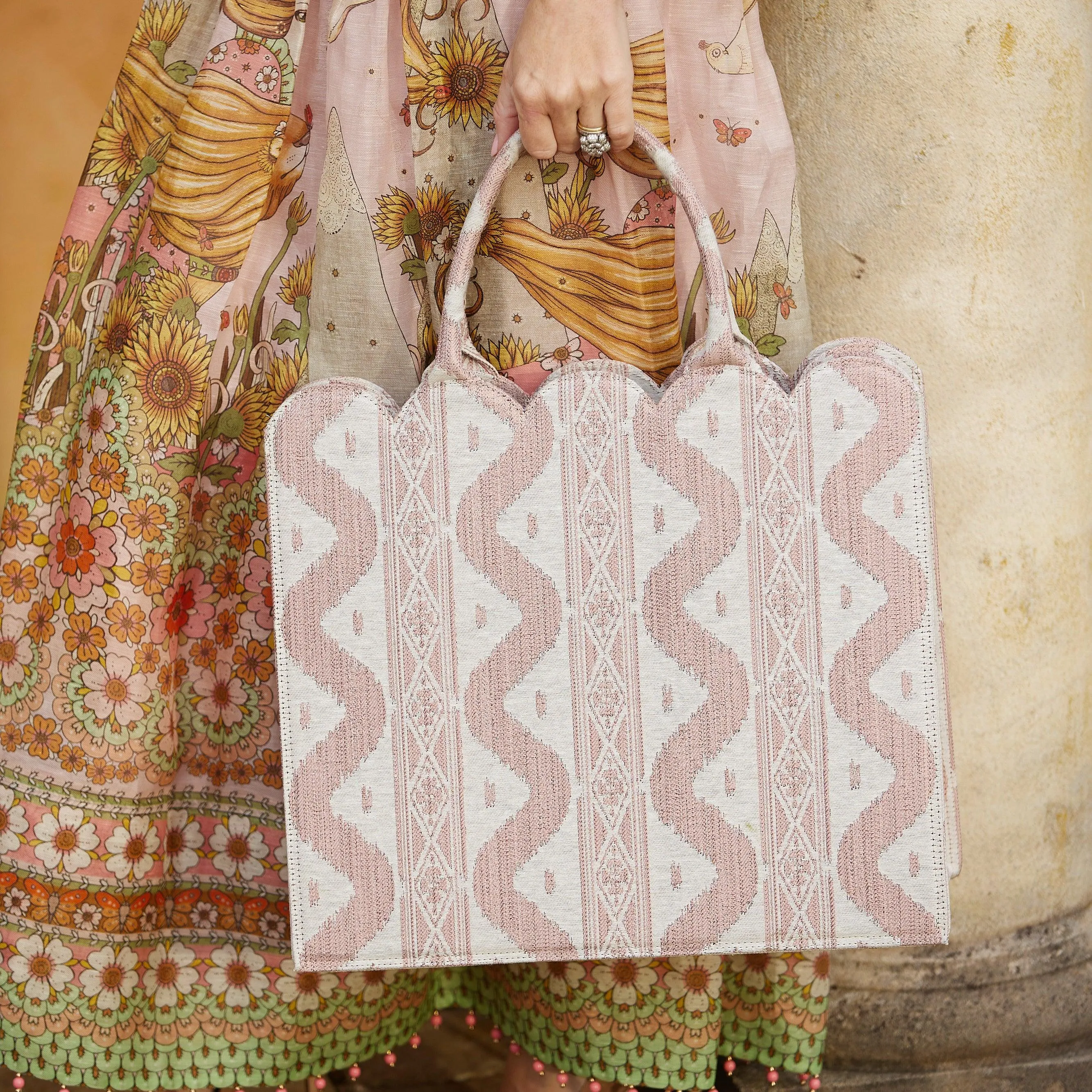 Mrs. Alice Tote Bag (Pink Ikat) With Bow