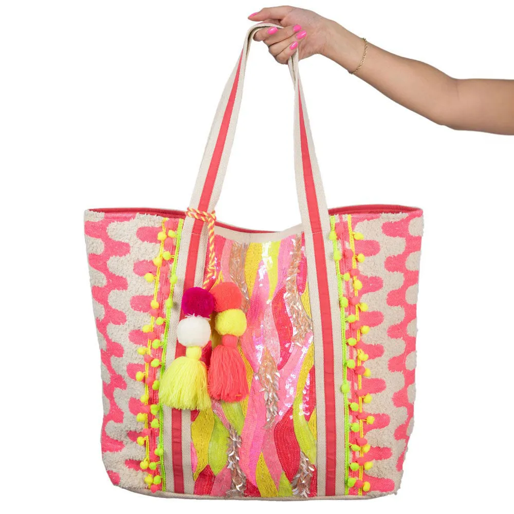 Pink/Yellow Sequin & Beaded Wholesale Tote Bag Purse
