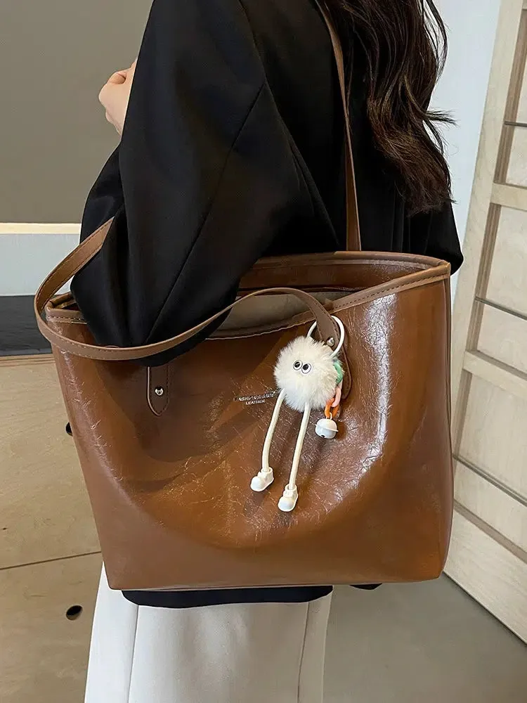 Pom Keychain Stylish Leather Tote Bag
