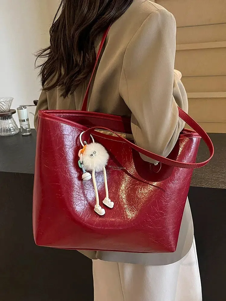 Pom Keychain Stylish Leather Tote Bag