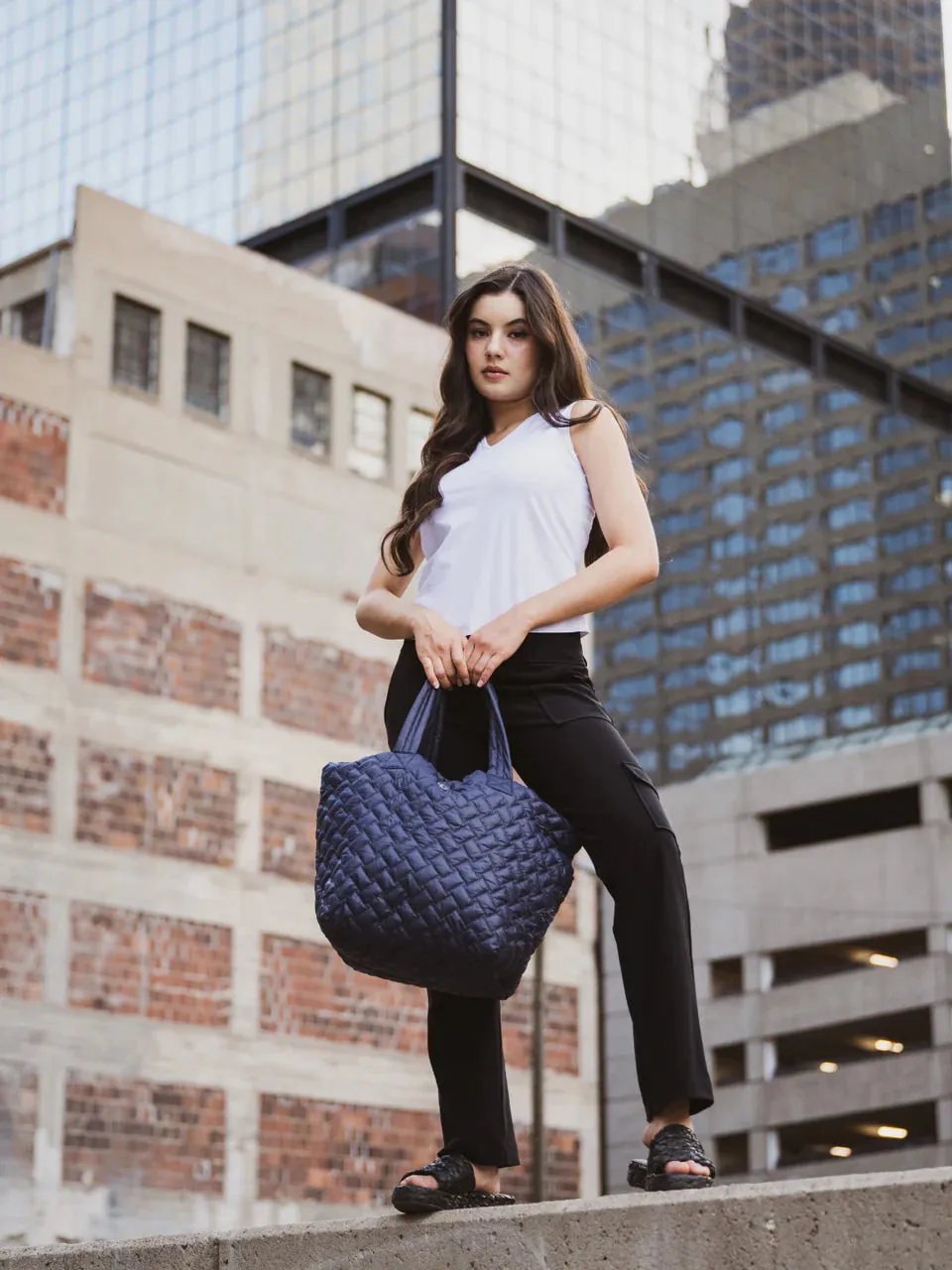 Ready Set Go Quilted Tote Bag - Navy