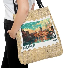Rome Postage Stamp Tan Large Tote Bag - Italian Landmark Travel Souvenir