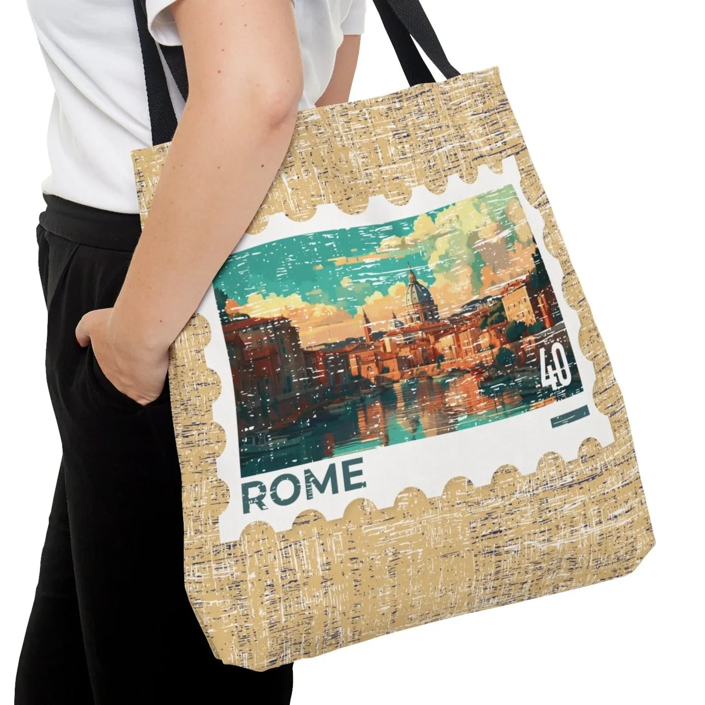 Rome Postage Stamp Tan Large Tote Bag - Italian Landmark Travel Souvenir