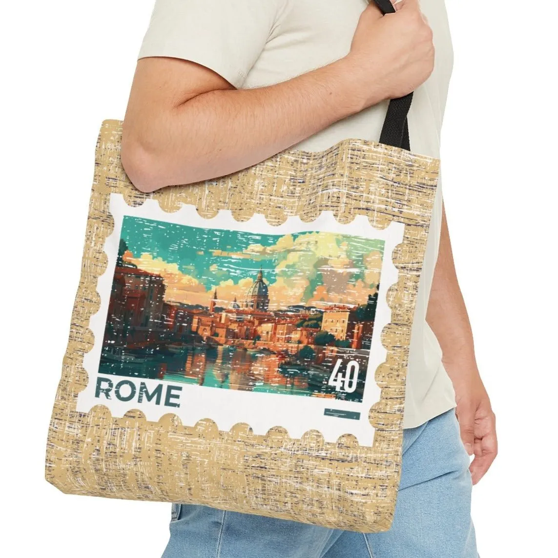 Rome Postage Stamp Tan Large Tote Bag - Italian Landmark Travel Souvenir