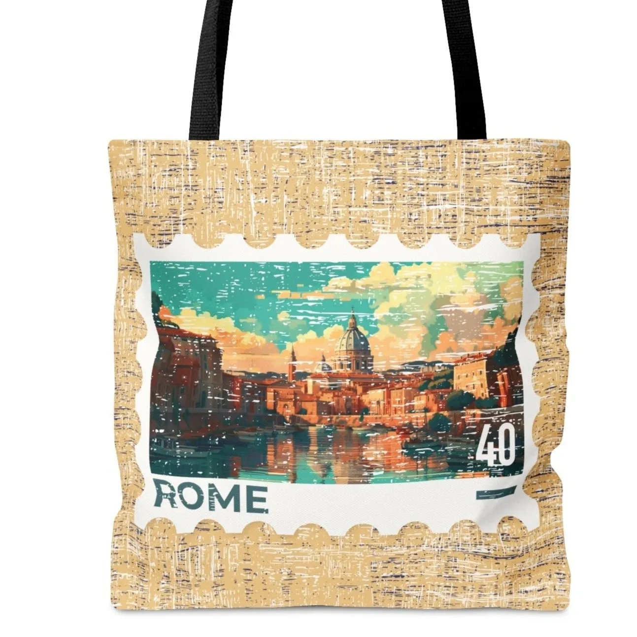Rome Postage Stamp Tan Large Tote Bag - Italian Landmark Travel Souvenir