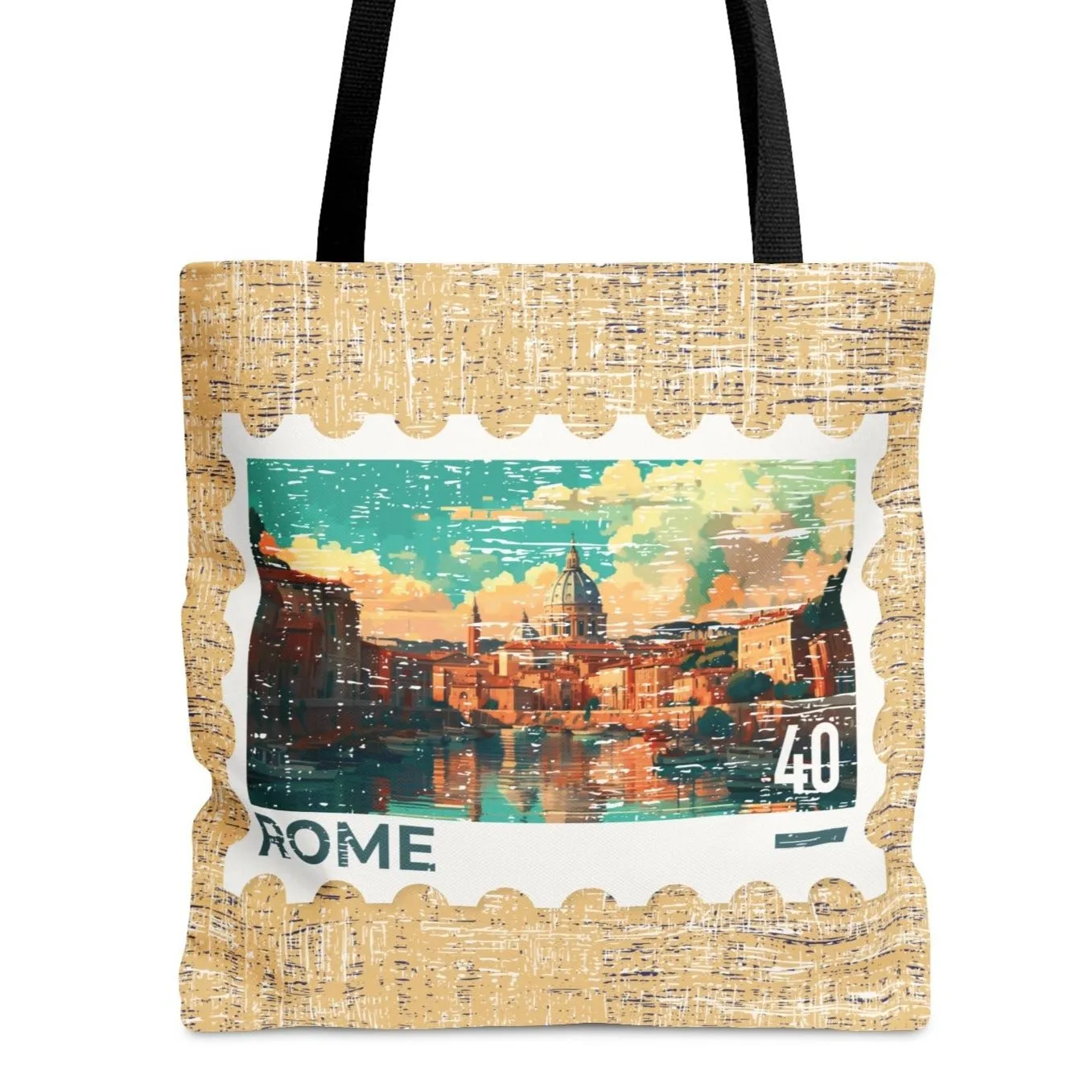 Rome Postage Stamp Tan Large Tote Bag - Italian Landmark Travel Souvenir