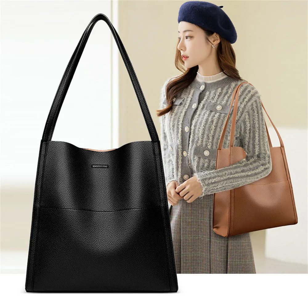 Solid Color Simple Genuine Leather Shoulder Bag