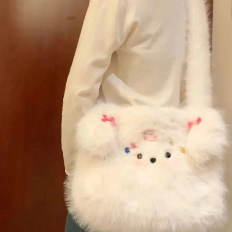 Uakiss Cute Plush Shoulder Bag for Women Dog Y2k Fluffy Fashion Soft Casual Crossbody Bag Winter Casual Lolita Jk Female Handbag