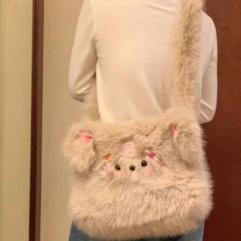 Uakiss Cute Plush Shoulder Bag for Women Dog Y2k Fluffy Fashion Soft Casual Crossbody Bag Winter Casual Lolita Jk Female Handbag