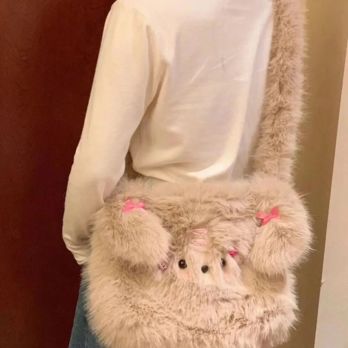 Uakiss Cute Plush Shoulder Bag for Women Dog Y2k Fluffy Fashion Soft Casual Crossbody Bag Winter Casual Lolita Jk Female Handbag
