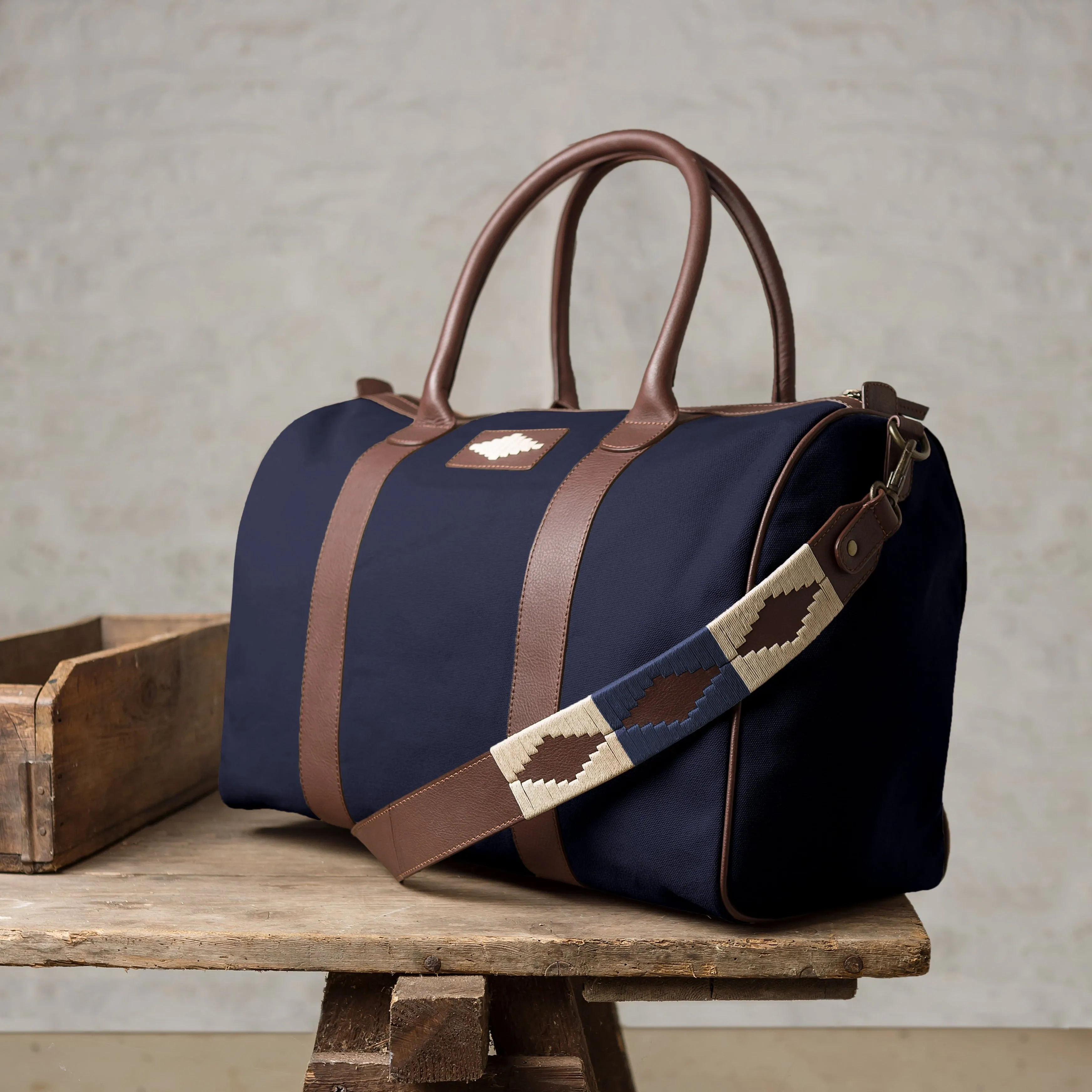Varon small travel bag - brown leather and navy canvas