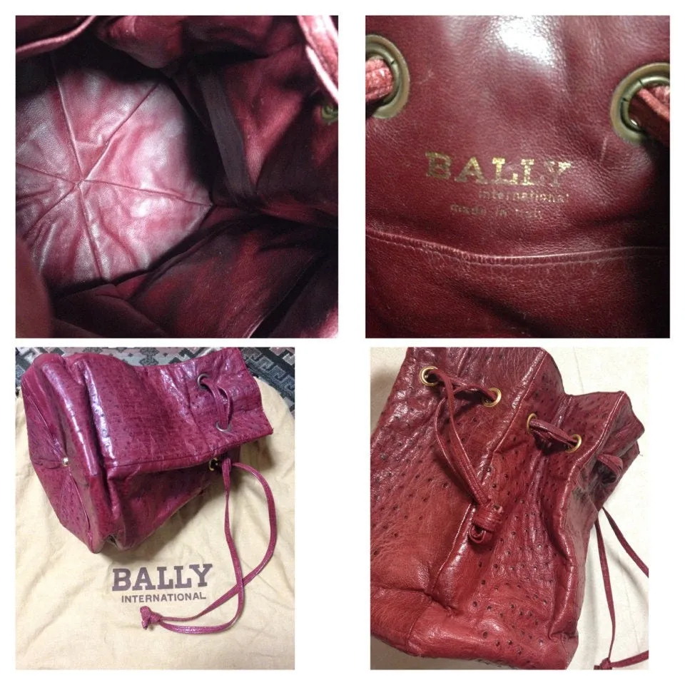 Vintage BALLY genuine ostrich wine red hexagonal pyramid patchwork hobo bucket shoulder bag. 150301