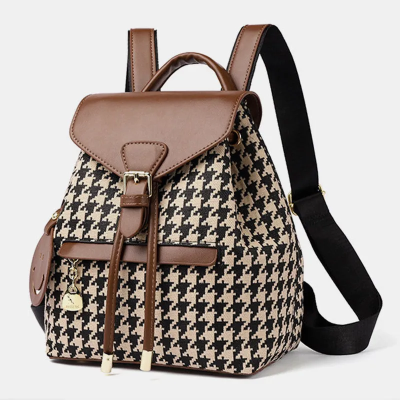 Women's Mini Backpack Purse Houndstooth Print Flap Daypack Leather Shoulder Bag