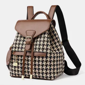 Women's Mini Backpack Purse Houndstooth Print Flap Daypack Leather Shoulder Bag