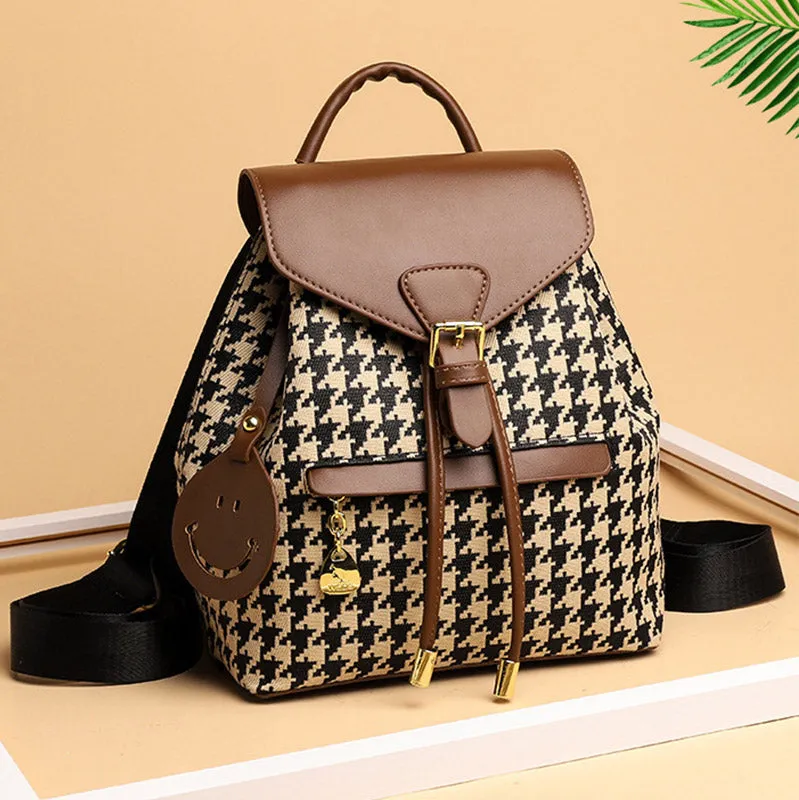Women's Mini Backpack Purse Houndstooth Print Flap Daypack Leather Shoulder Bag
