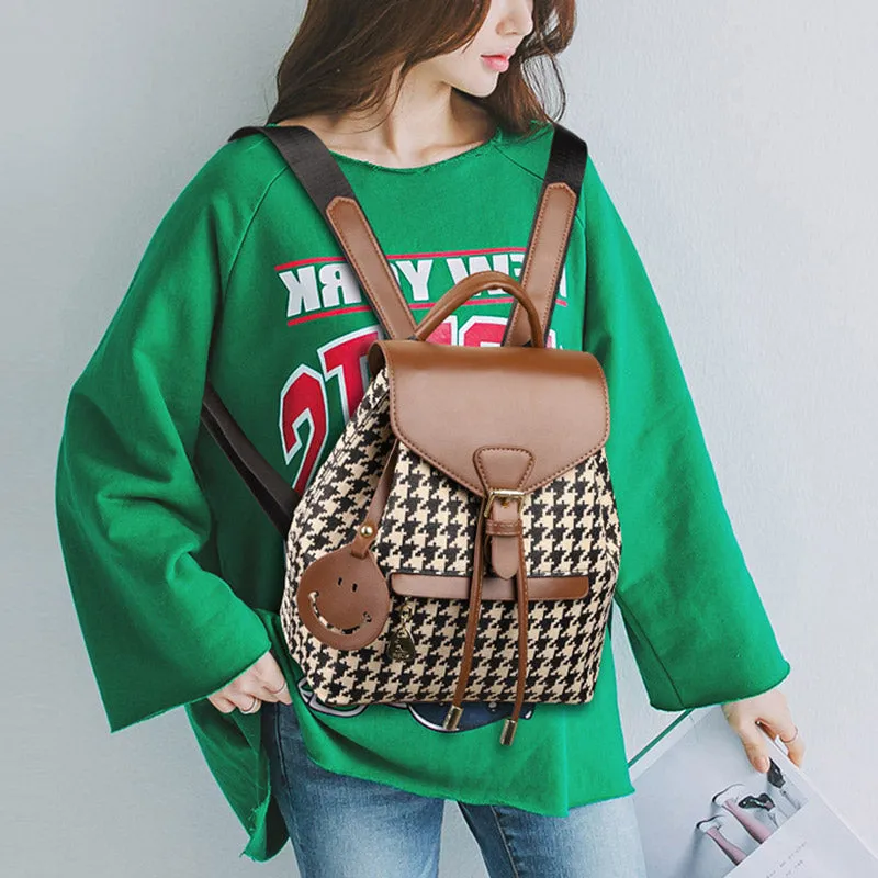 Women's Mini Backpack Purse Houndstooth Print Flap Daypack Leather Shoulder Bag